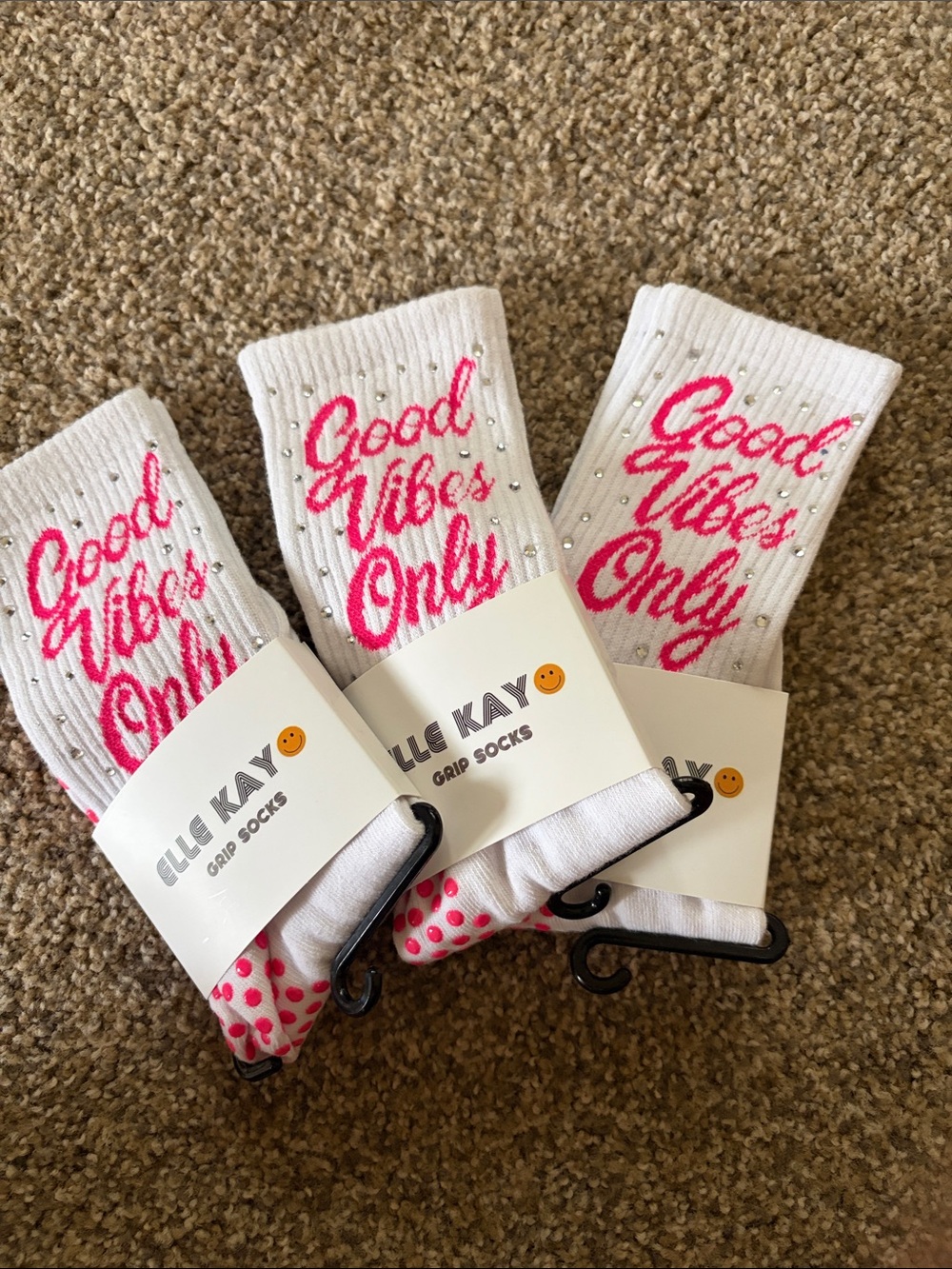 Ella Kay “Good Vibes Only' White & Pink Grip Socks. One Size